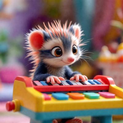 The primary subject of the image is a small, colorful toy hamster sitting on a toy keyboard. The setting is a playful and imaginative environment, with the hamster positioned in front of a keyboard. The visual style is a combination of digital art and illustration, creating a whimsical and fun atmosphere. The colors and mood are predominantly bright and cheerful, with the toy hamster and keyboard being the main focus of the image.
